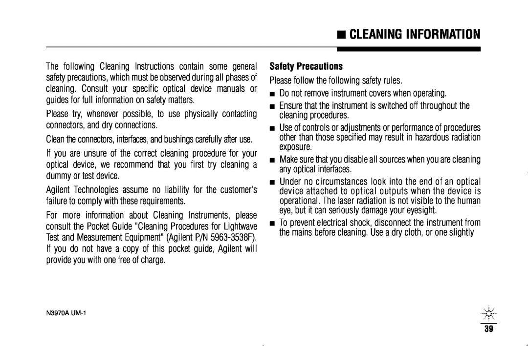 Agilent Technologies N3970A manual Cleaning Information, Safety Precautions 