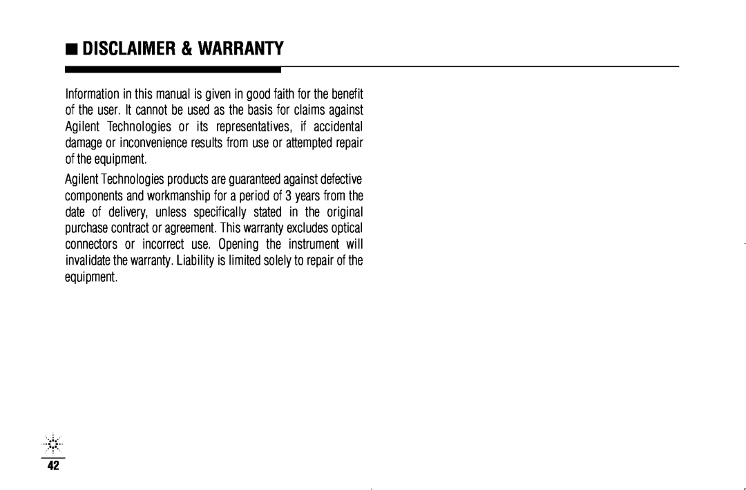Agilent Technologies N3970A manual Disclaimer & Warranty 