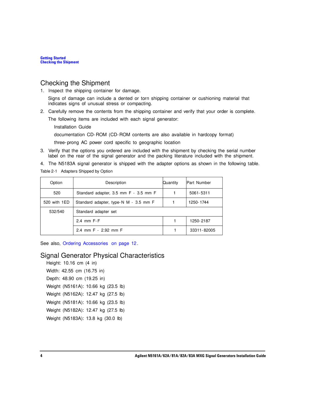 Agilent Technologies N5161A, 62A, 83A, 82A, 81A manual Checking the Shipment, Signal Generator Physical Characteristics 