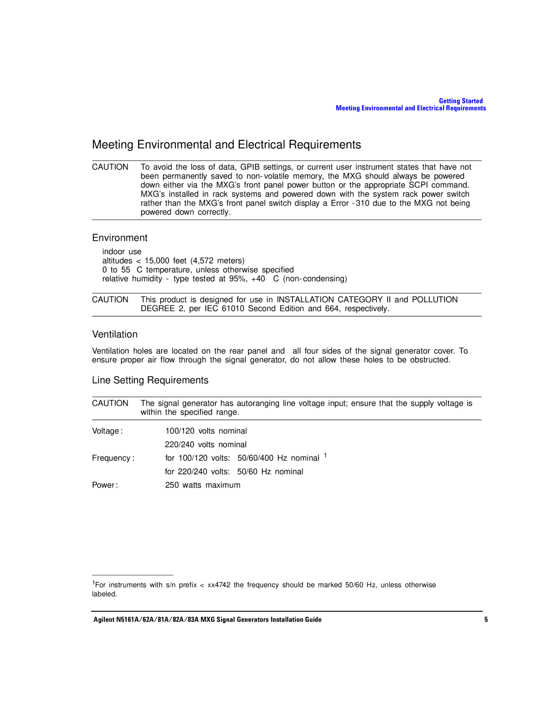 Agilent Technologies 62A, N5161A Meeting Environmental and Electrical Requirements, Ventilation, Line Setting Requirements 