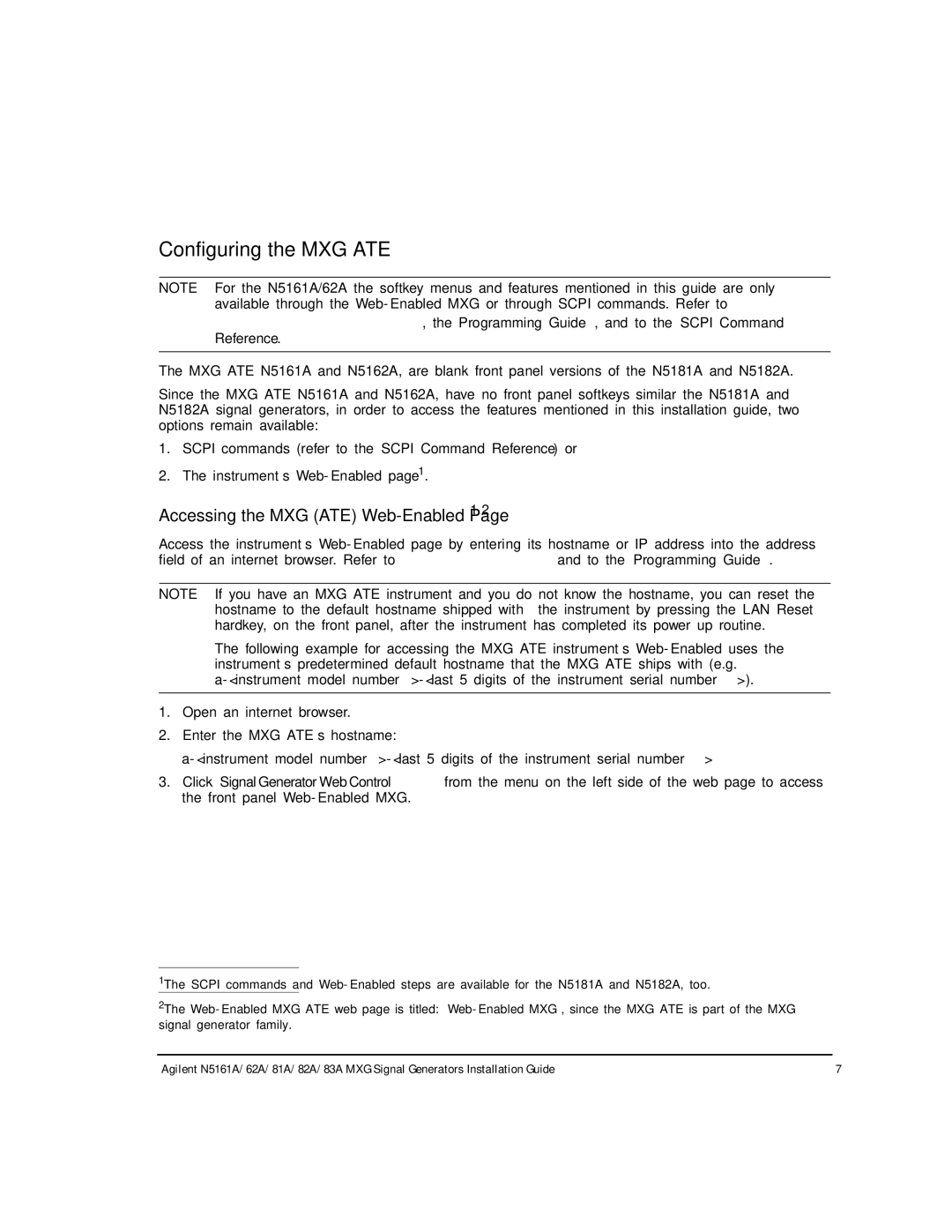 Agilent Technologies 82A, N5161A, 62A, 83A, 81A manual Configuring the MXG ATE, Accessing the MXG ATE Web-Enabled Page1 