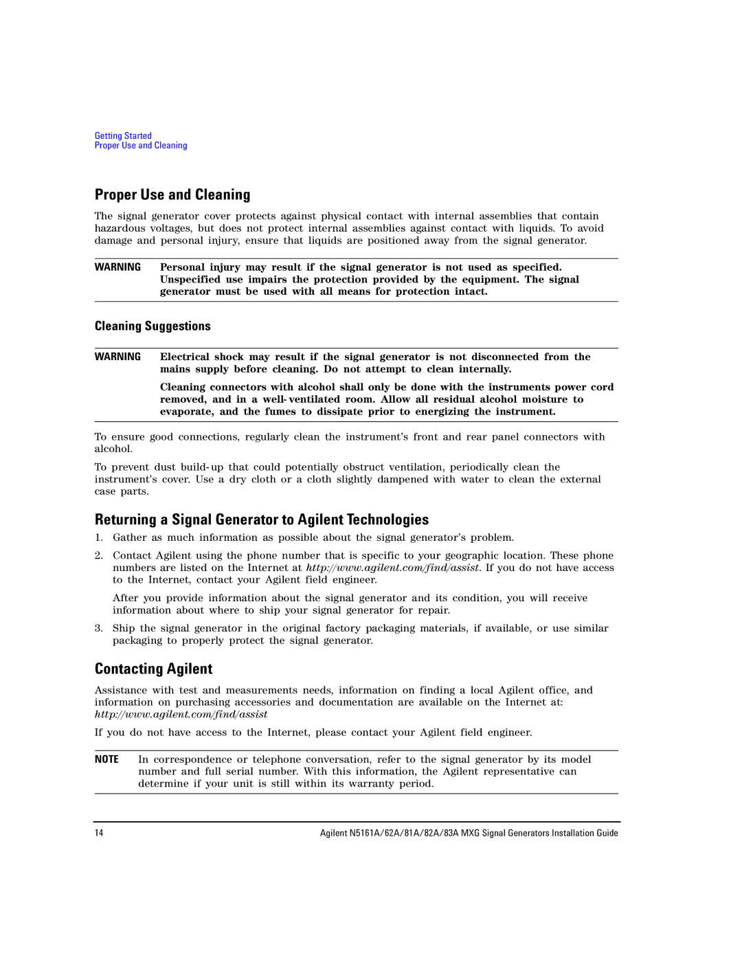 Agilent Technologies N5161A, 62A, 83A, 82A, 81A Proper Use and Cleaning, Returning a Signal Generator to Agilent Technologies 