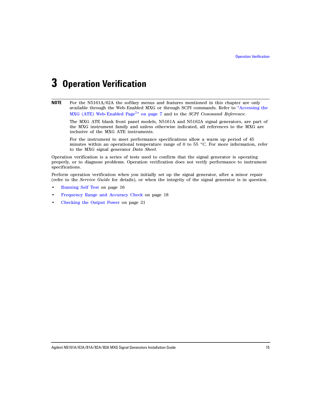 Agilent Technologies 62A, N5161A, 83A, 82A, 81A manual Operation Verification 