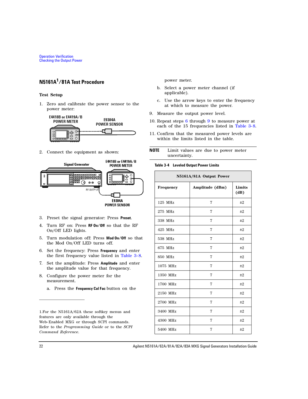 Agilent Technologies 82A, 62A, 83A manual N5161A1/81A Test Procedure, N5161A/81A Output Power Frequency Amplitude dBm Limits 