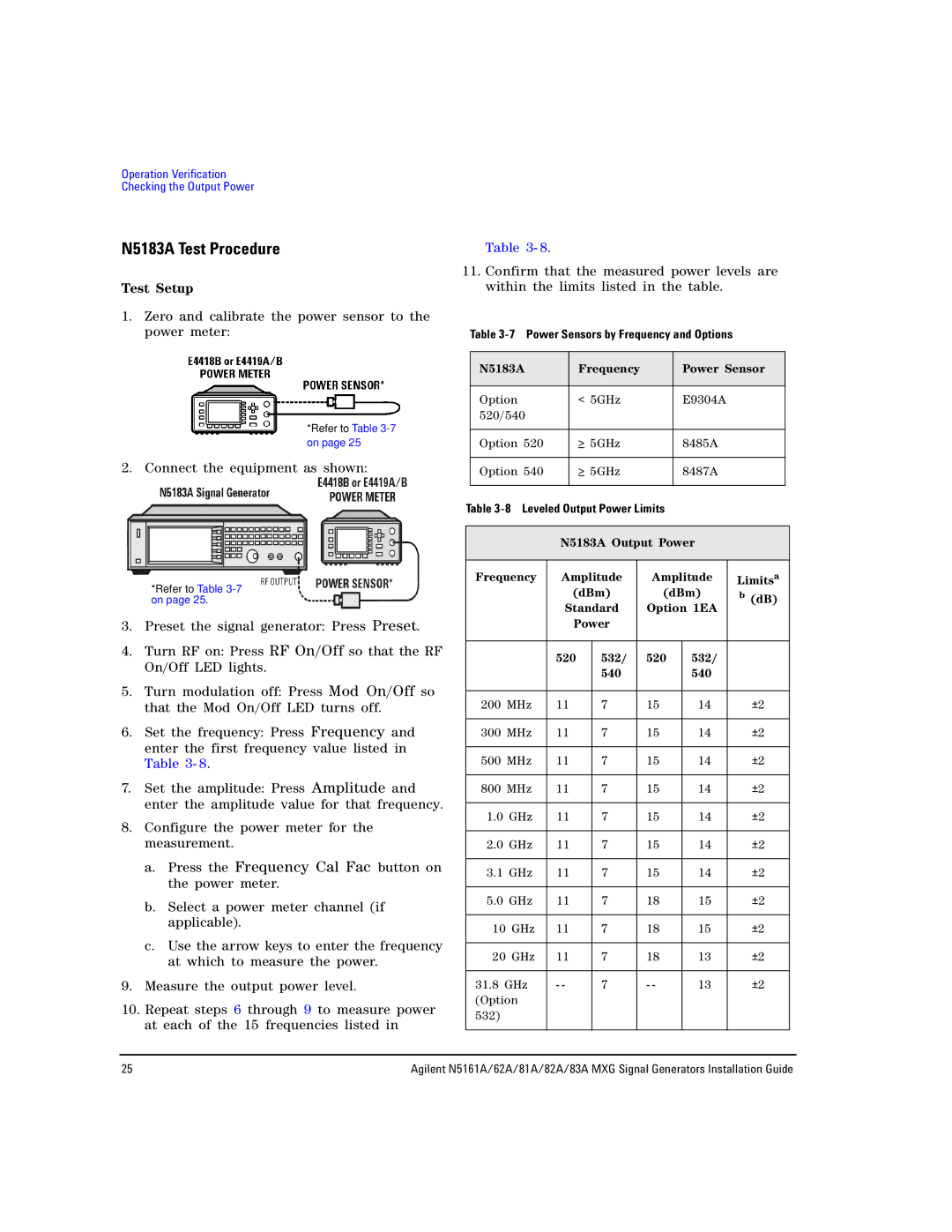 Agilent Technologies 62A, N5161A, 82A, 81A N5183A Test Procedure, N5183A Frequency Power Sensor, Option 1EA, 520 532 540 
