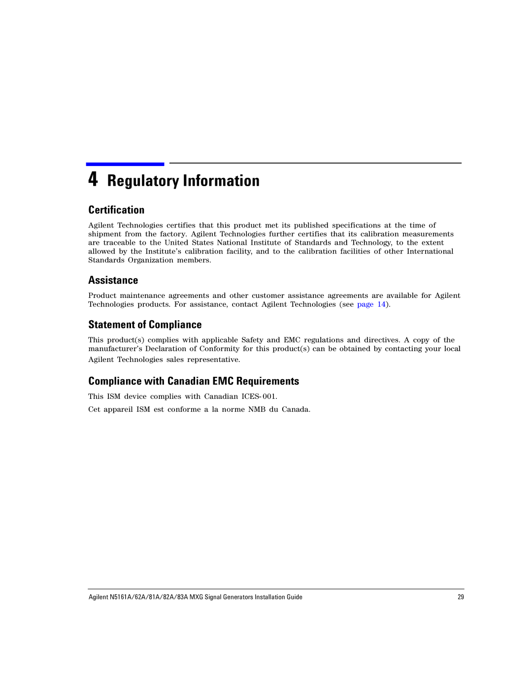 Agilent Technologies N5161A Certification, Assistance, Statement of Compliance, Compliance with Canadian EMC Requirements 