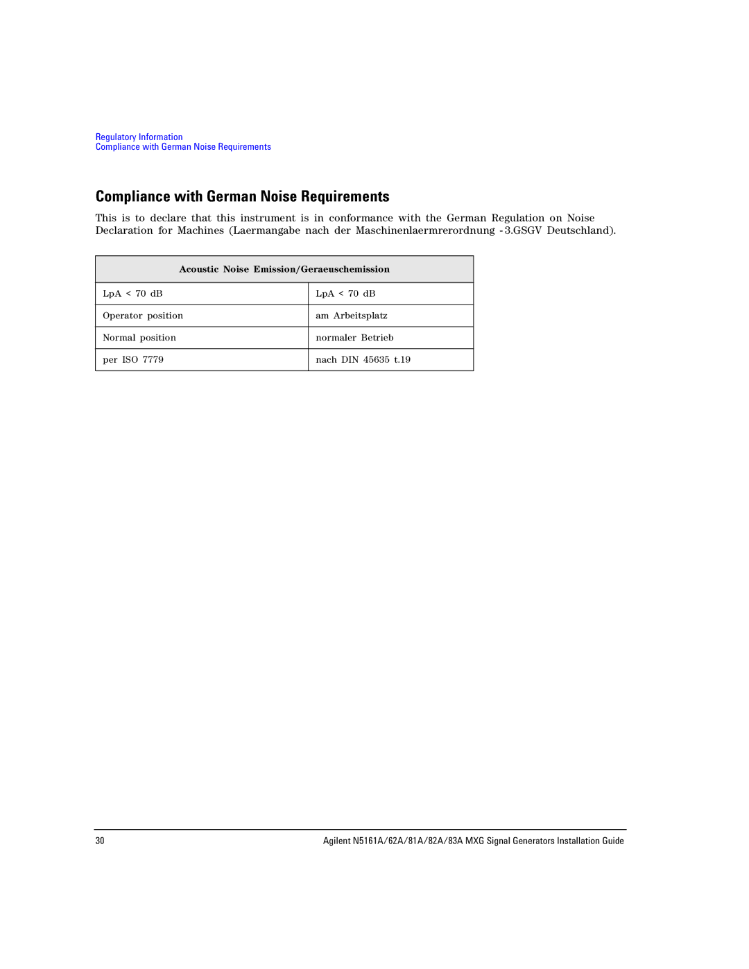 Agilent Technologies 62A, N5161A, 83A Compliance with German Noise Requirements, Acoustic Noise Emission/Geraeuschemission 