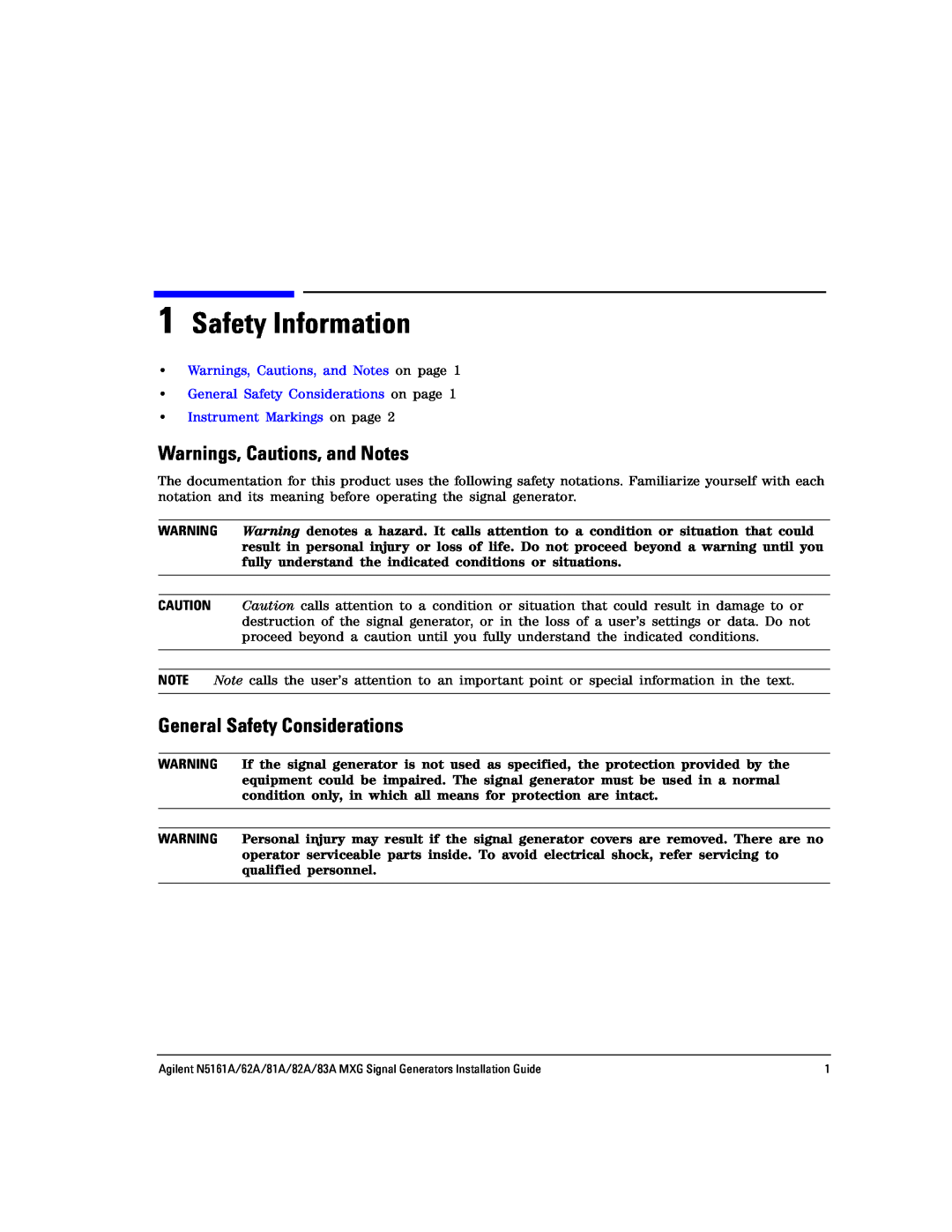 Agilent Technologies 83A, N5161A, 62A, 82A Safety Information, Warnings, Cautions, and Notes, General Safety Considerations 