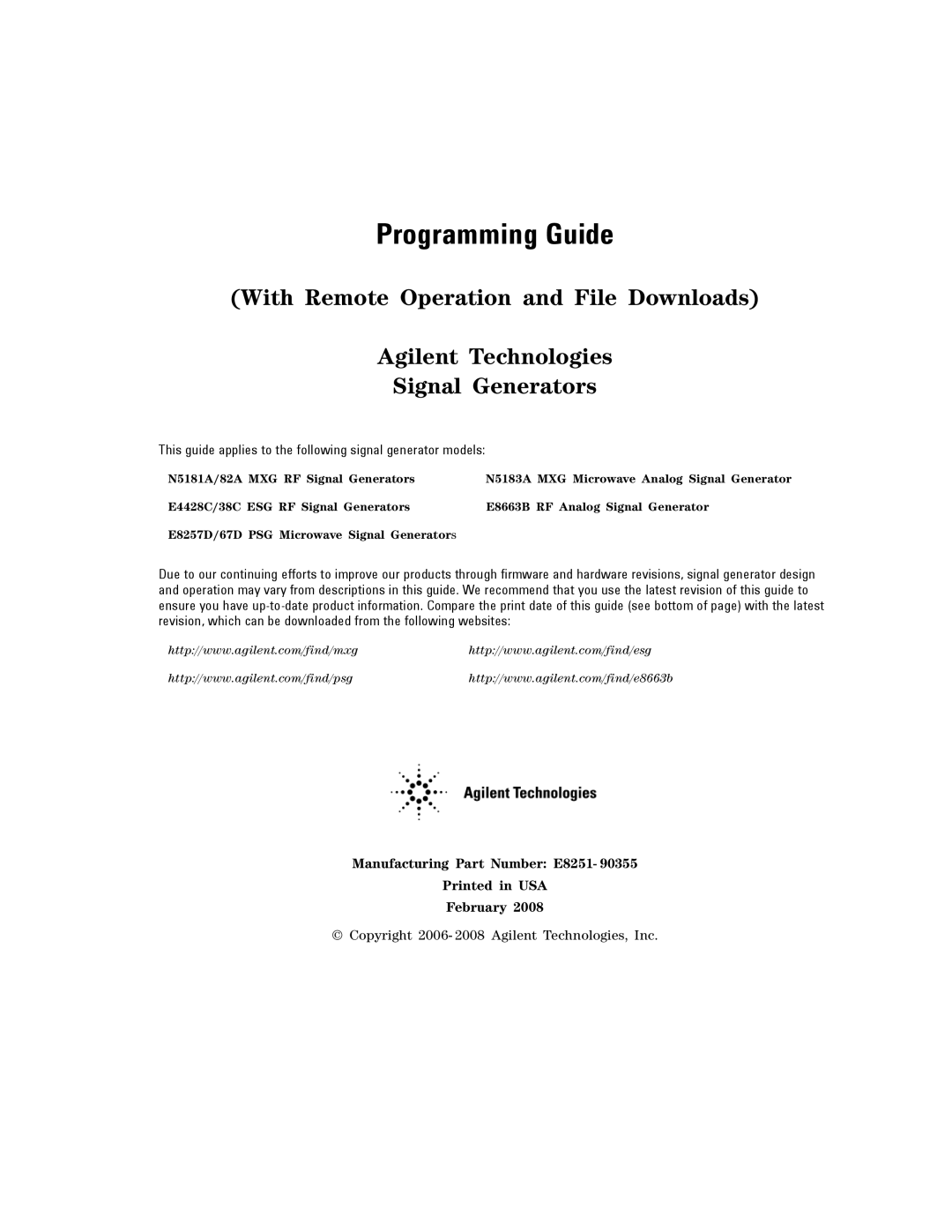 Agilent Technologies N5181A/82A, N5183A MXG, E8663B manual Programming Guide 