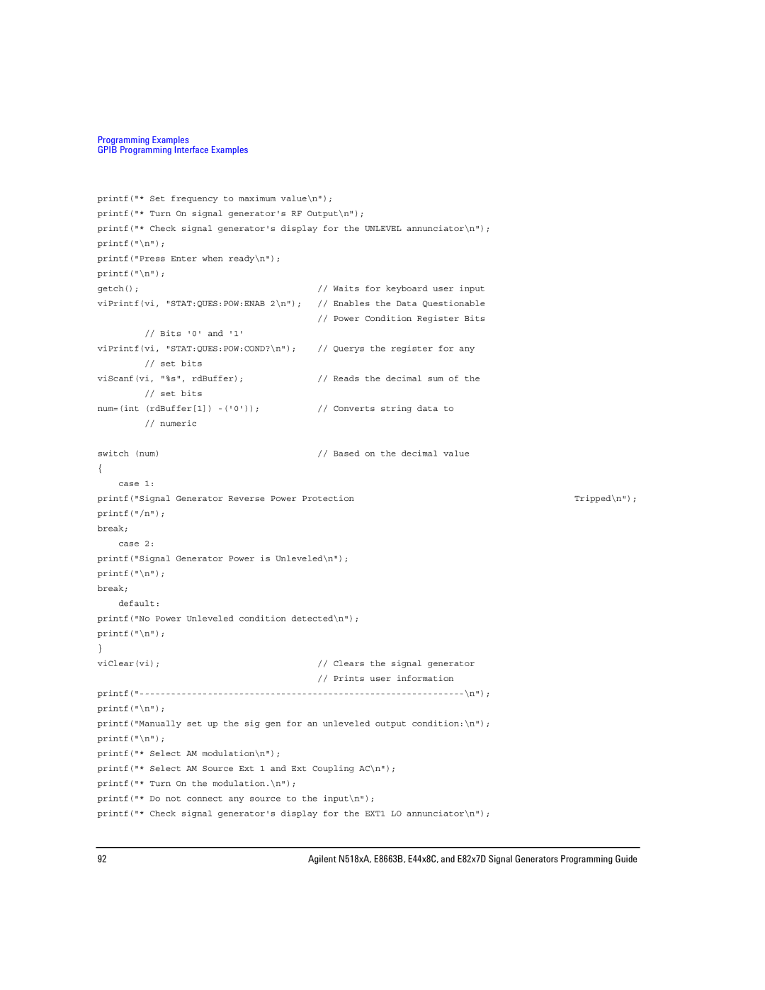 Agilent Technologies N5183A MXG, N5181A/82A, E8663B manual Programming Examples Gpib Programming Interface Examples 