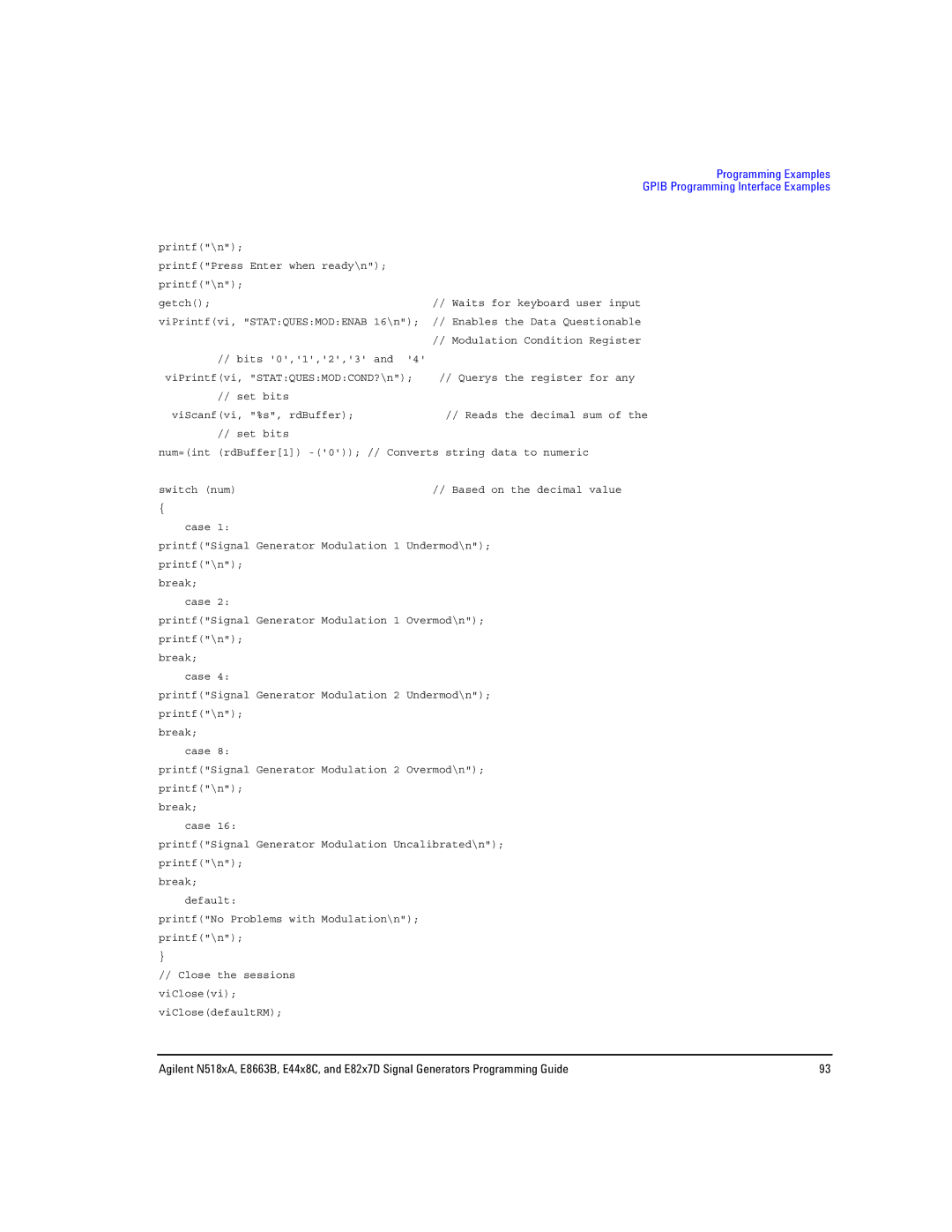 Agilent Technologies E8663B, N5181A/82A, N5183A MXG manual Programming Examples Gpib Programming Interface Examples 