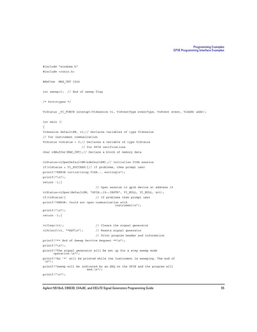 Agilent Technologies N5181A/82A, N5183A MXG, E8663B manual Programming Examples Gpib Programming Interface Examples 