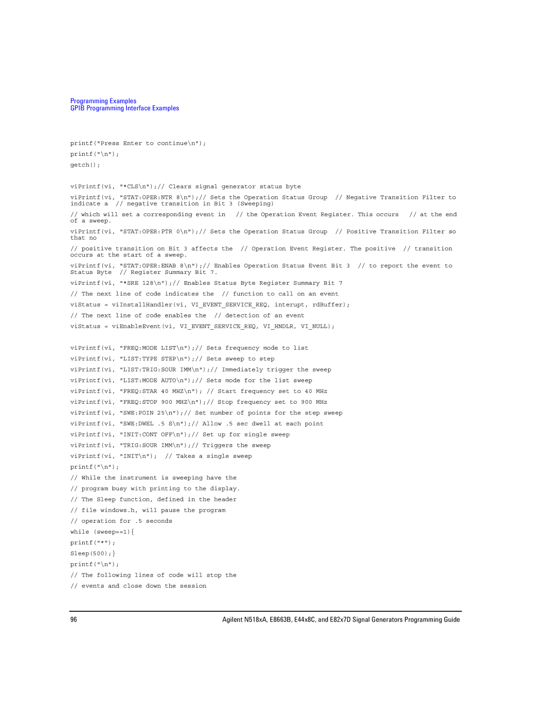 Agilent Technologies N5183A MXG, N5181A/82A, E8663B manual Programming Examples Gpib Programming Interface Examples 