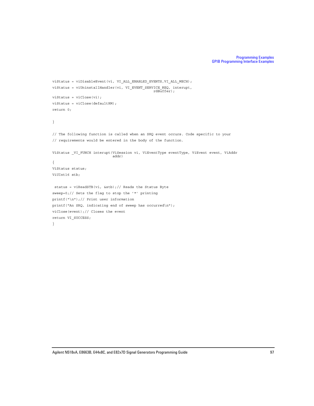 Agilent Technologies E8663B, N5181A/82A, N5183A MXG manual Programming Examples Gpib Programming Interface Examples 