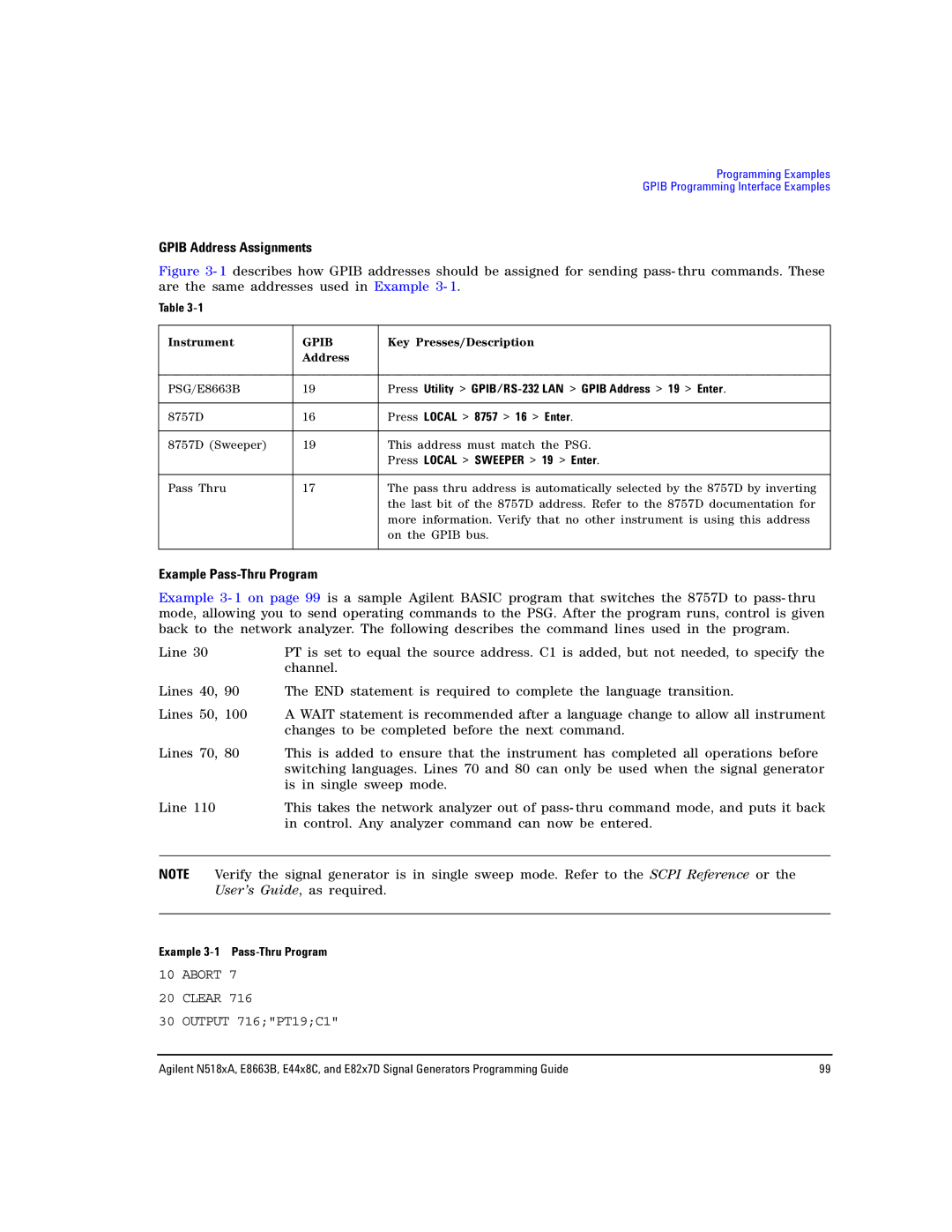 Agilent Technologies N5181A/82A, N5183A MXG, E8663B manual Gpib Address Assignments, Example Pass-Thru Program 