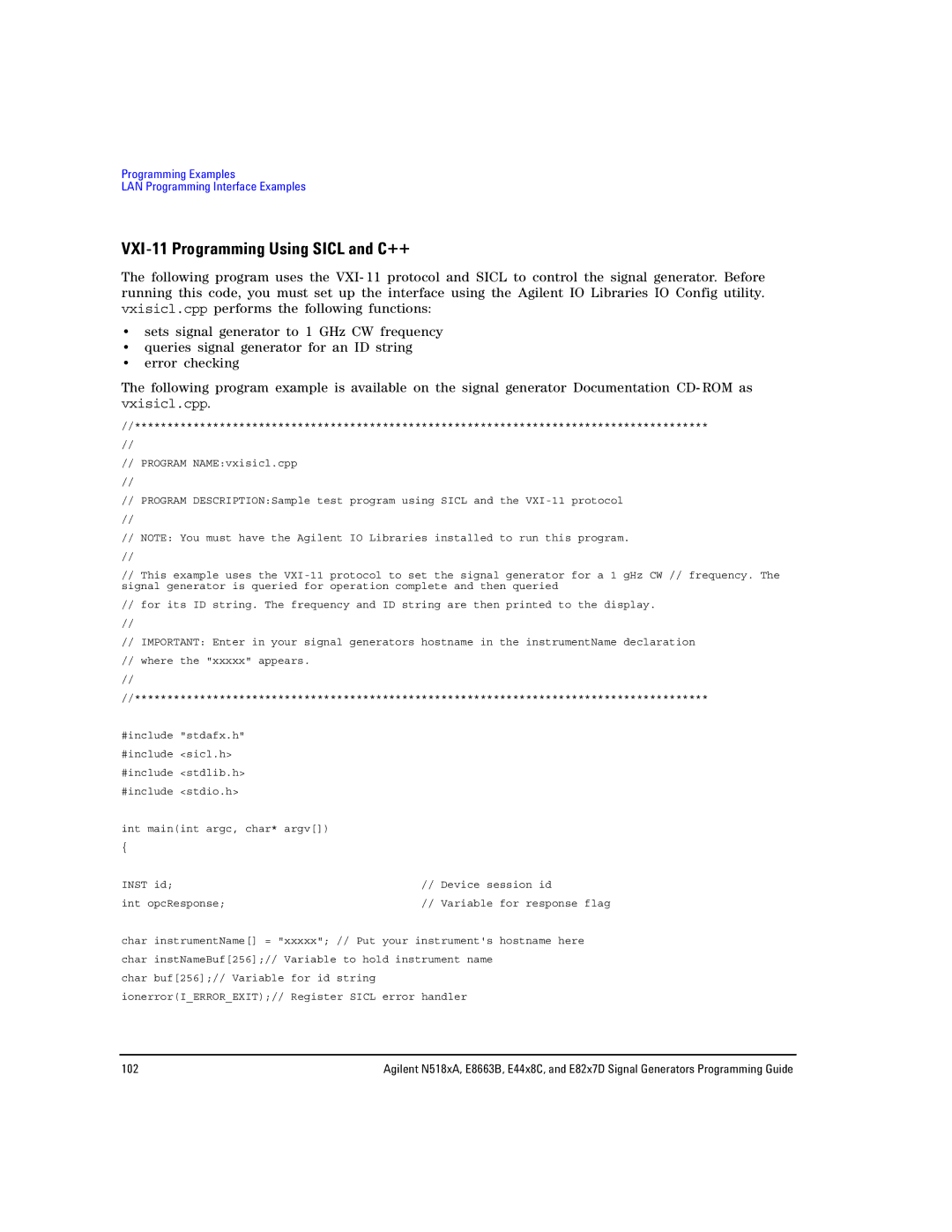 Agilent Technologies N5181A/82A, N5183A MXG, E8663B manual VXI-11 Programming Using Sicl and C++ 