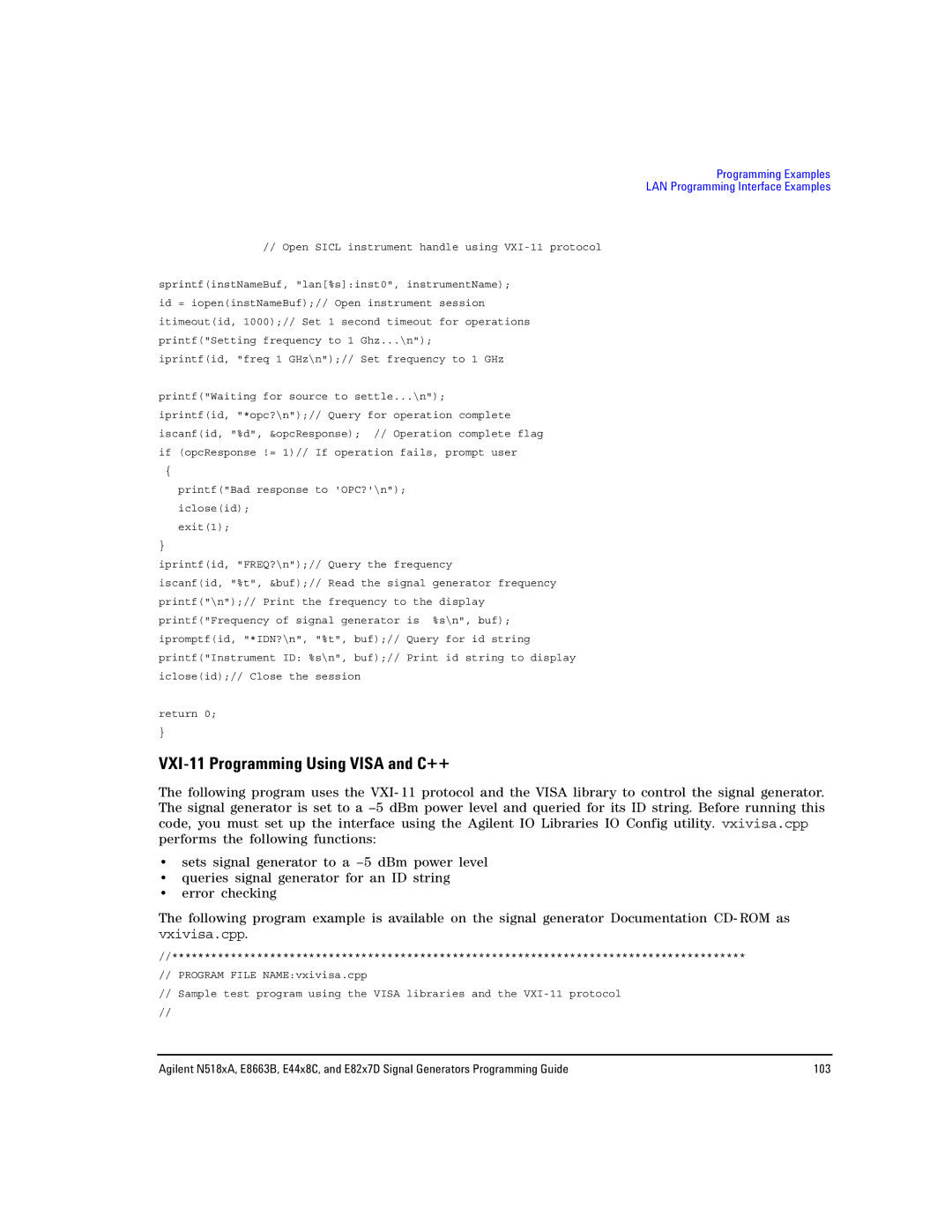 Agilent Technologies N5181A/82A, N5183A MXG, E8663B manual VXI-11 Programming Using Visa and C++ 