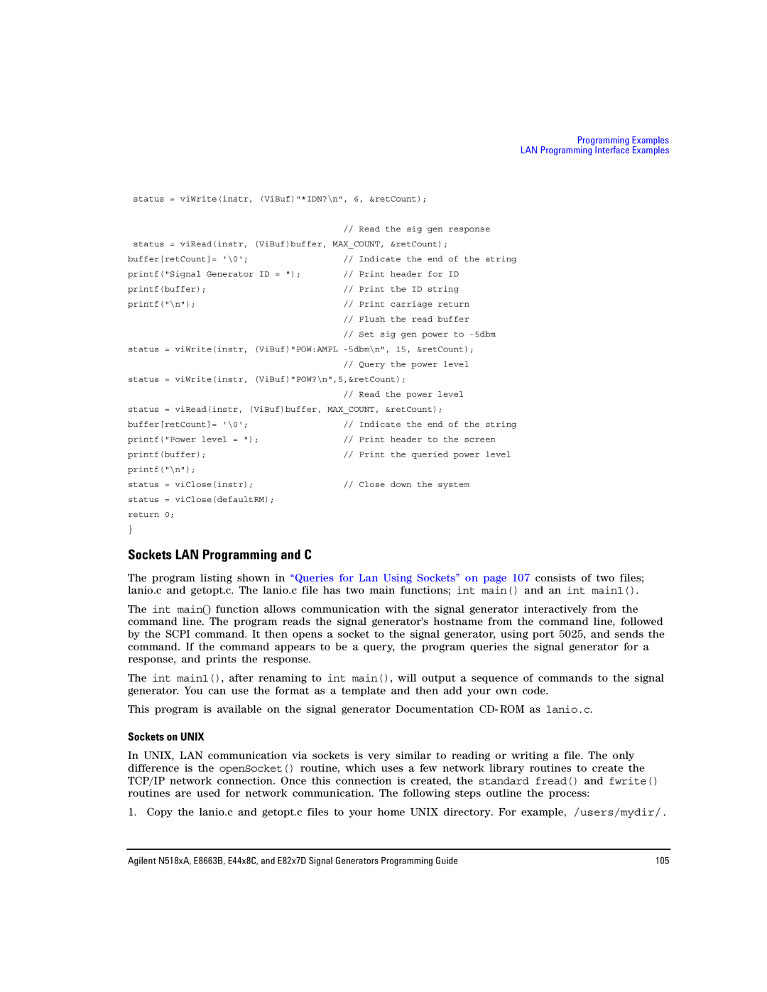 Agilent Technologies E8663B, N5181A/82A, N5183A MXG manual Sockets LAN Programming and C, Sockets on Unix 