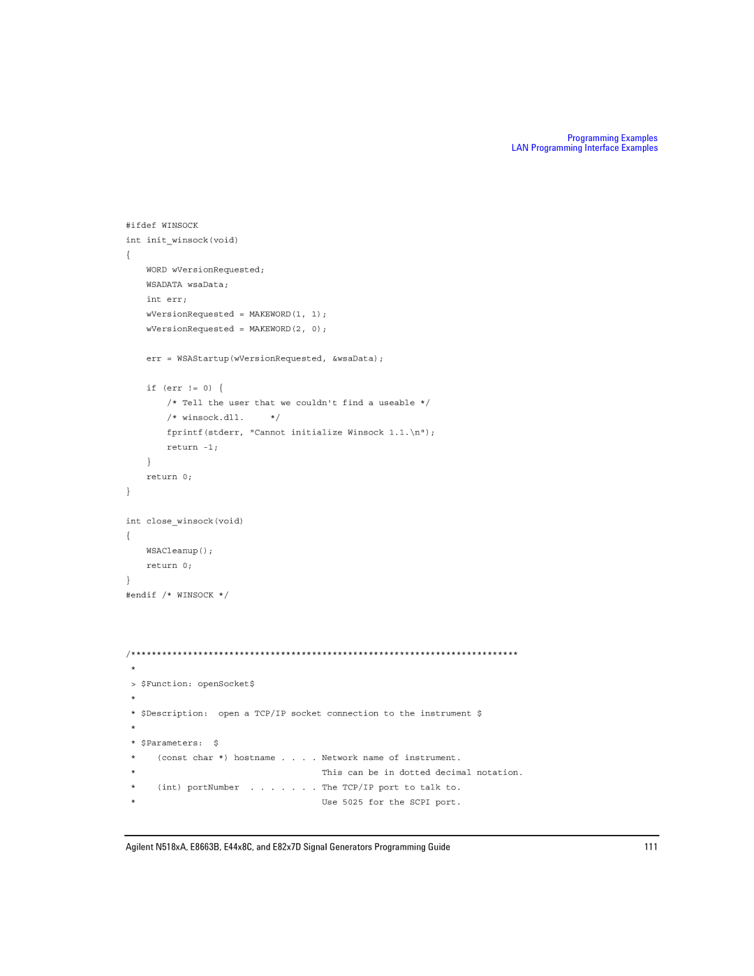 Agilent Technologies N5181A/82A, N5183A MXG, E8663B manual Programming Examples LAN Programming Interface Examples 