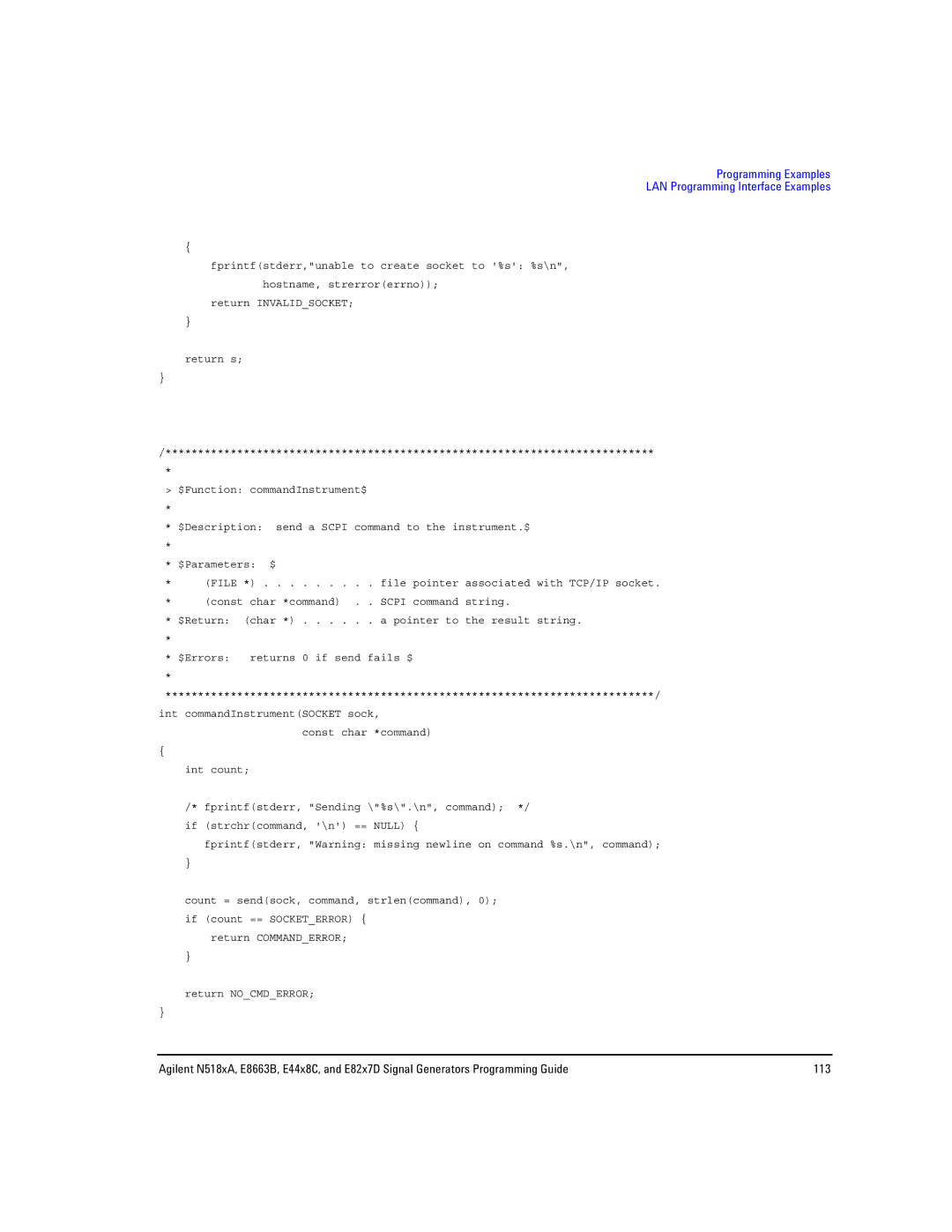 Agilent Technologies E8663B, N5181A/82A, N5183A MXG manual Programming Examples LAN Programming Interface Examples 