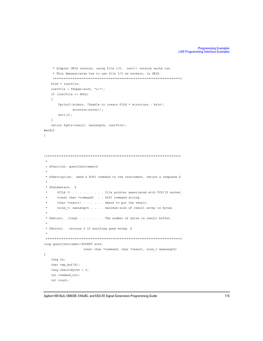 Agilent Technologies N5181A/82A, N5183A MXG, E8663B manual Programming Examples LAN Programming Interface Examples 