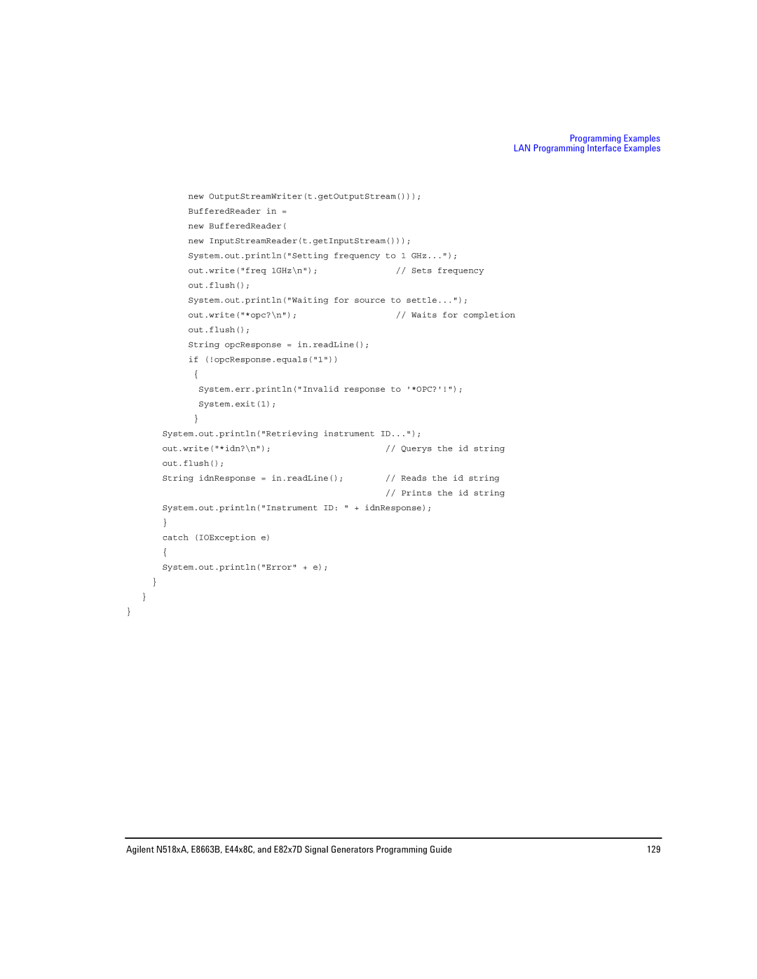 Agilent Technologies E8663B, N5181A/82A, N5183A MXG manual Programming Examples LAN Programming Interface Examples 