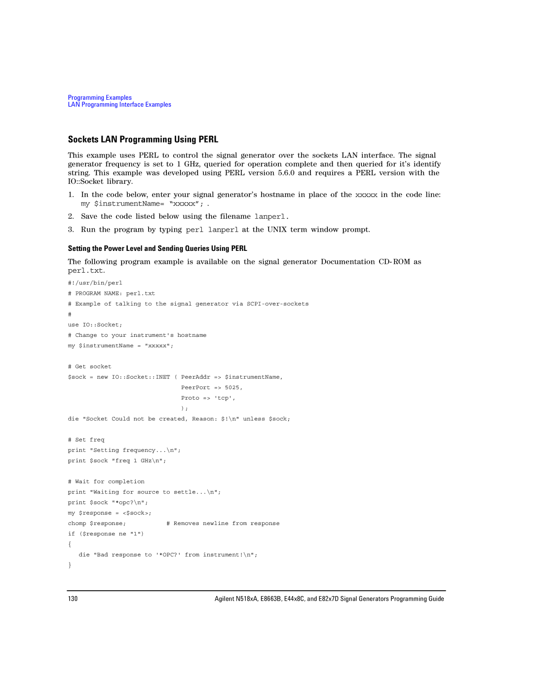 Agilent Technologies N5183A Sockets LAN Programming Using Perl, Setting the Power Level and Sending Queries Using Perl 