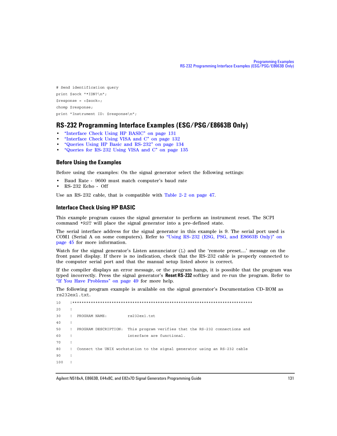 Agilent Technologies N5181A/82A manual RS-232 Programming Interface Examples ESG/PSG/E8663B Only, Before Using the Examples 