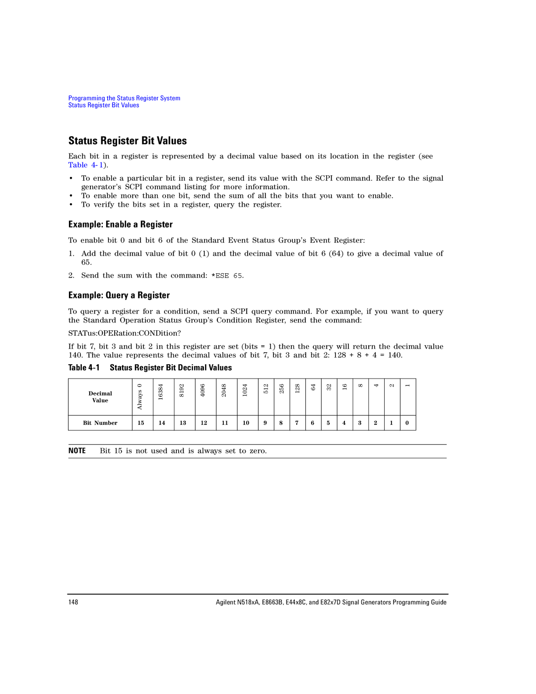 Agilent Technologies N5183A MXG, E8663B Status Register Bit Values, Example Enable a Register, Example Query a Register 