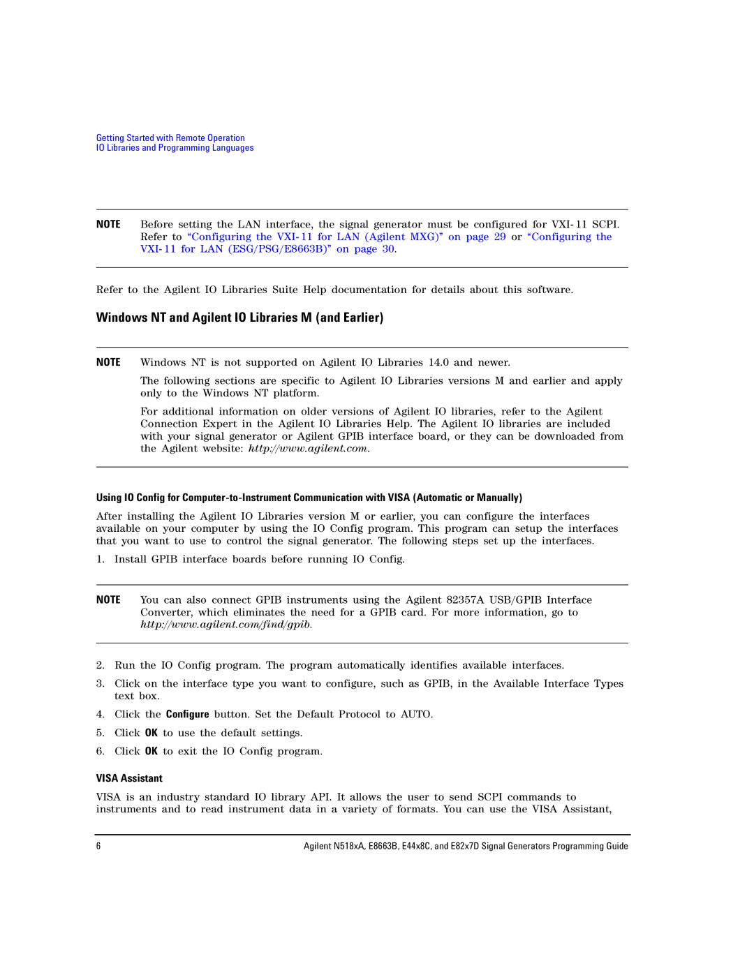 Agilent Technologies N5181A/82A, N5183A MXG, E8663B Windows NT and Agilent IO Libraries M and Earlier, Visa Assistant 