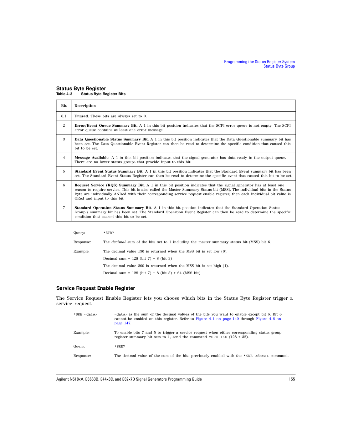 Agilent Technologies N5181A/82A, N5183A MXG, E8663B manual Service Request Enable Register, Status Byte Register Bits 