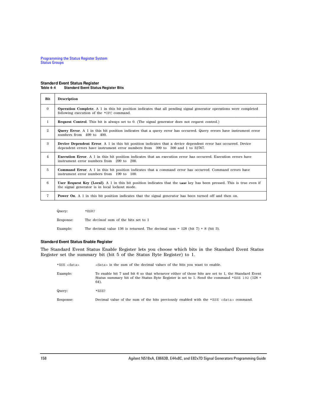 Agilent Technologies N5181A/82A, N5183A MXG manual Standard Event Status Register, Standard Event Status Enable Register 