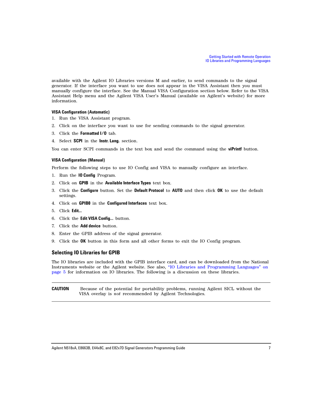 Agilent Technologies N5181A/82A Selecting IO Libraries for Gpib, Visa Configuration Automatic, Visa Configuration Manual 
