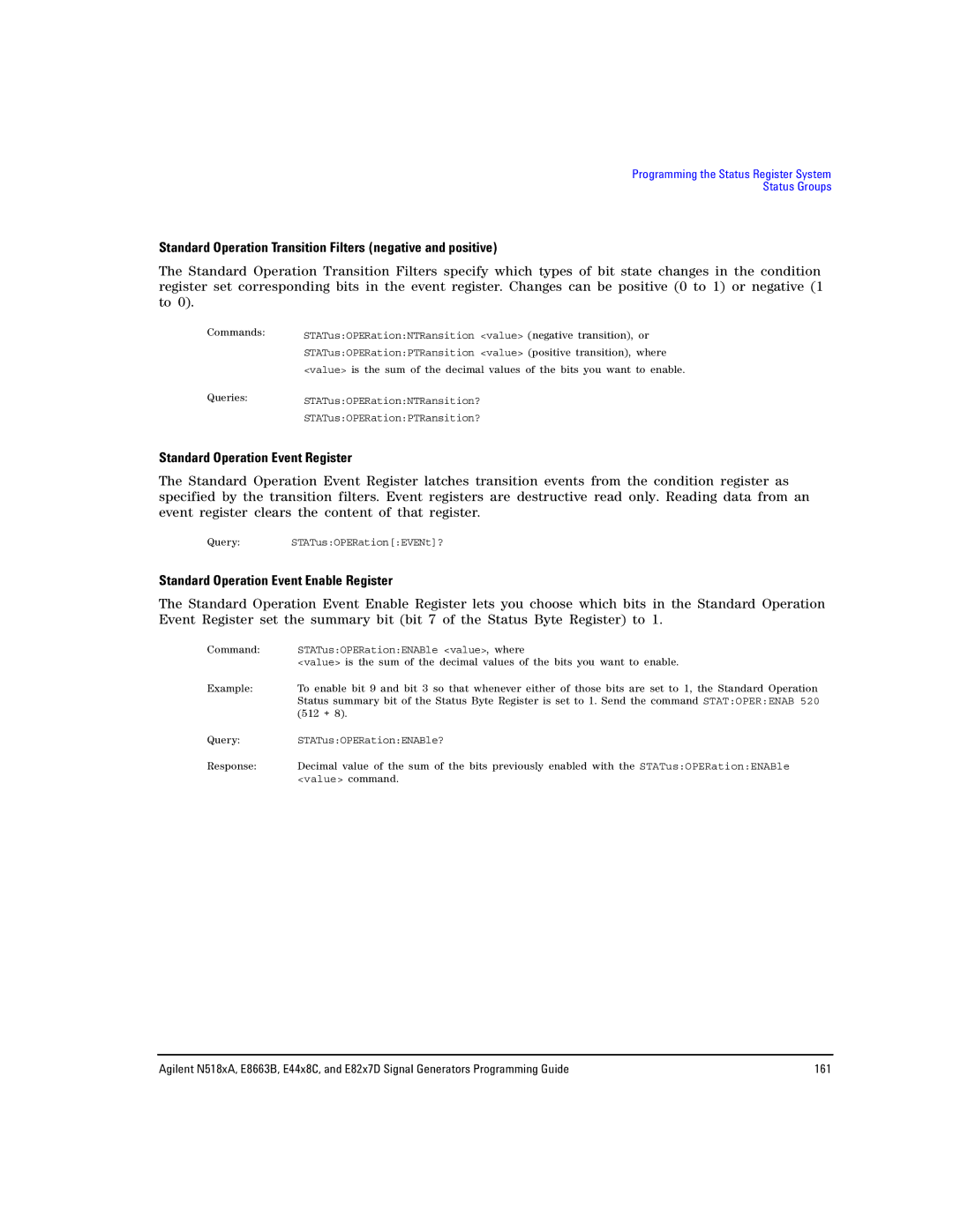 Agilent Technologies E8663B Standard Operation Transition Filters negative and positive, Standard Operation Event Register 