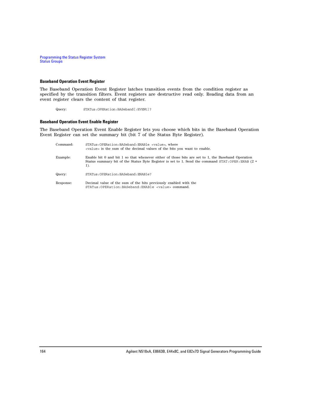 Agilent Technologies N5183A MXG, N5181A/82A Baseband Operation Event Register, Baseband Operation Event Enable Register 