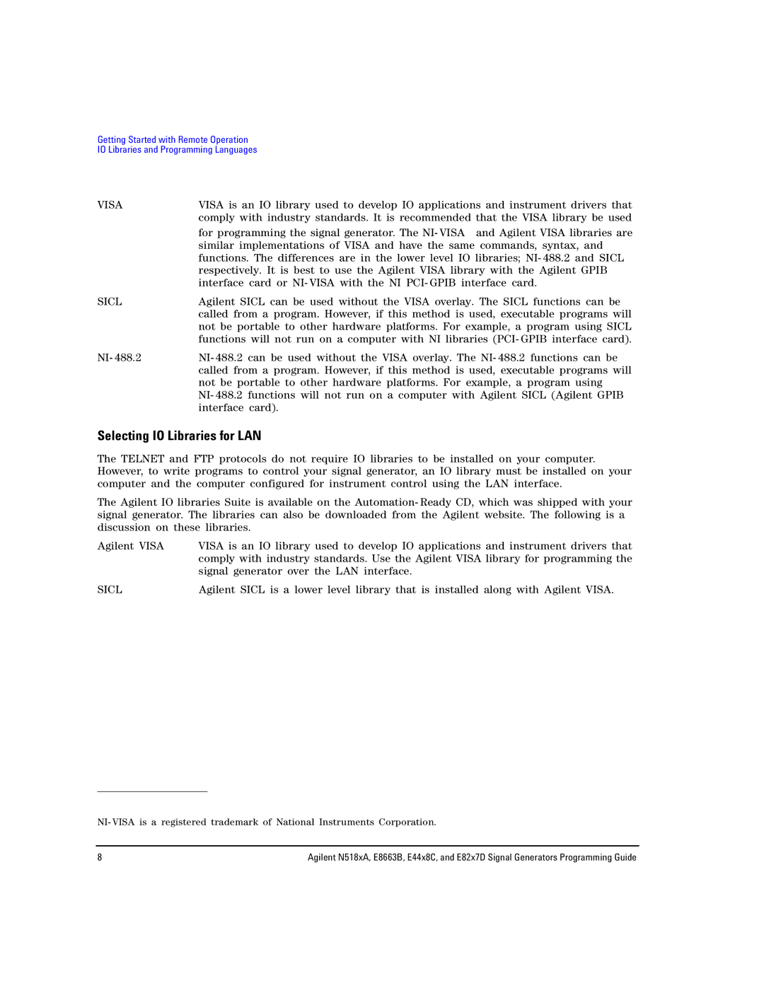 Agilent Technologies N5183A MXG, N5181A/82A, E8663B manual Selecting IO Libraries for LAN, Visa 