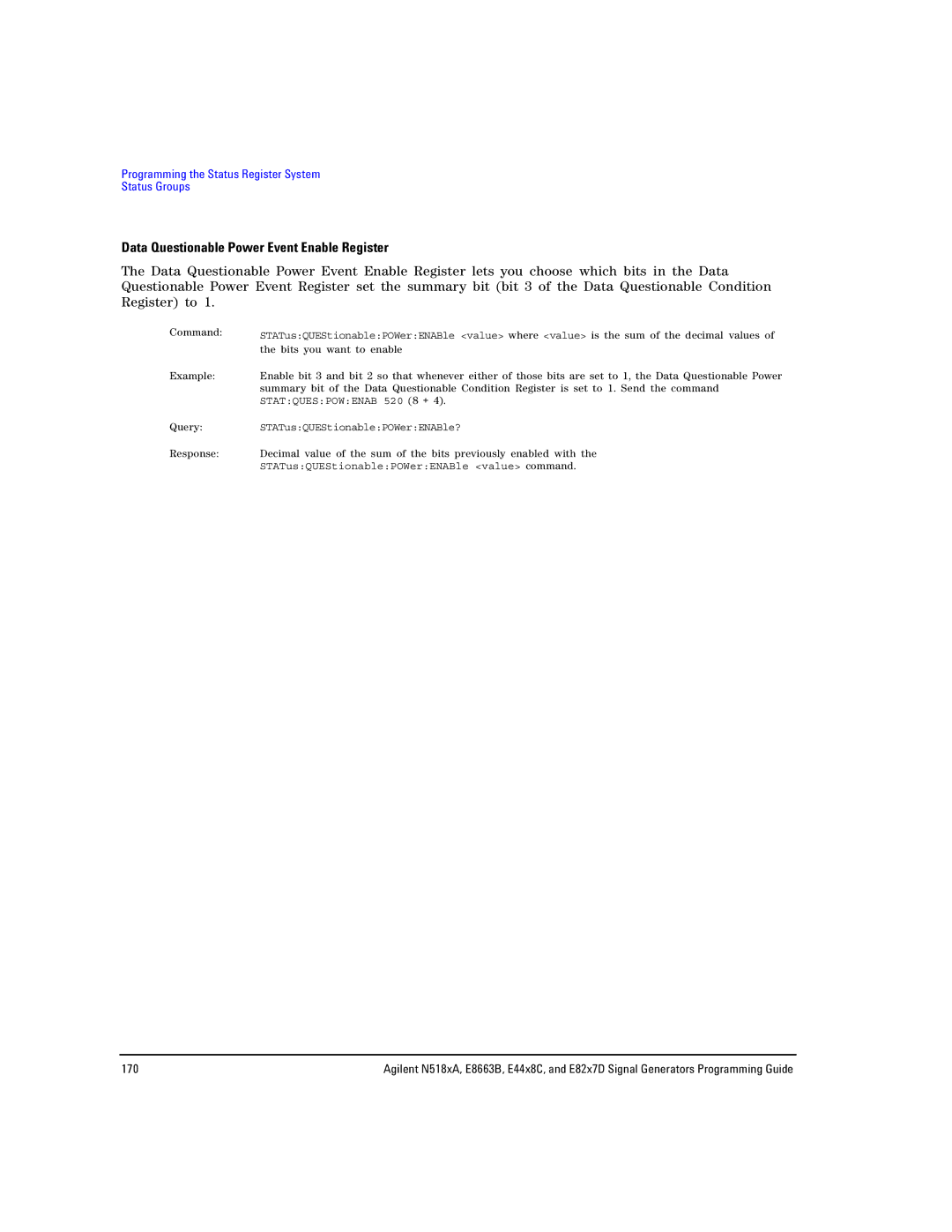 Agilent Technologies N5181A/82A, N5183A MXG, E8663B manual Data Questionable Power Event Enable Register 