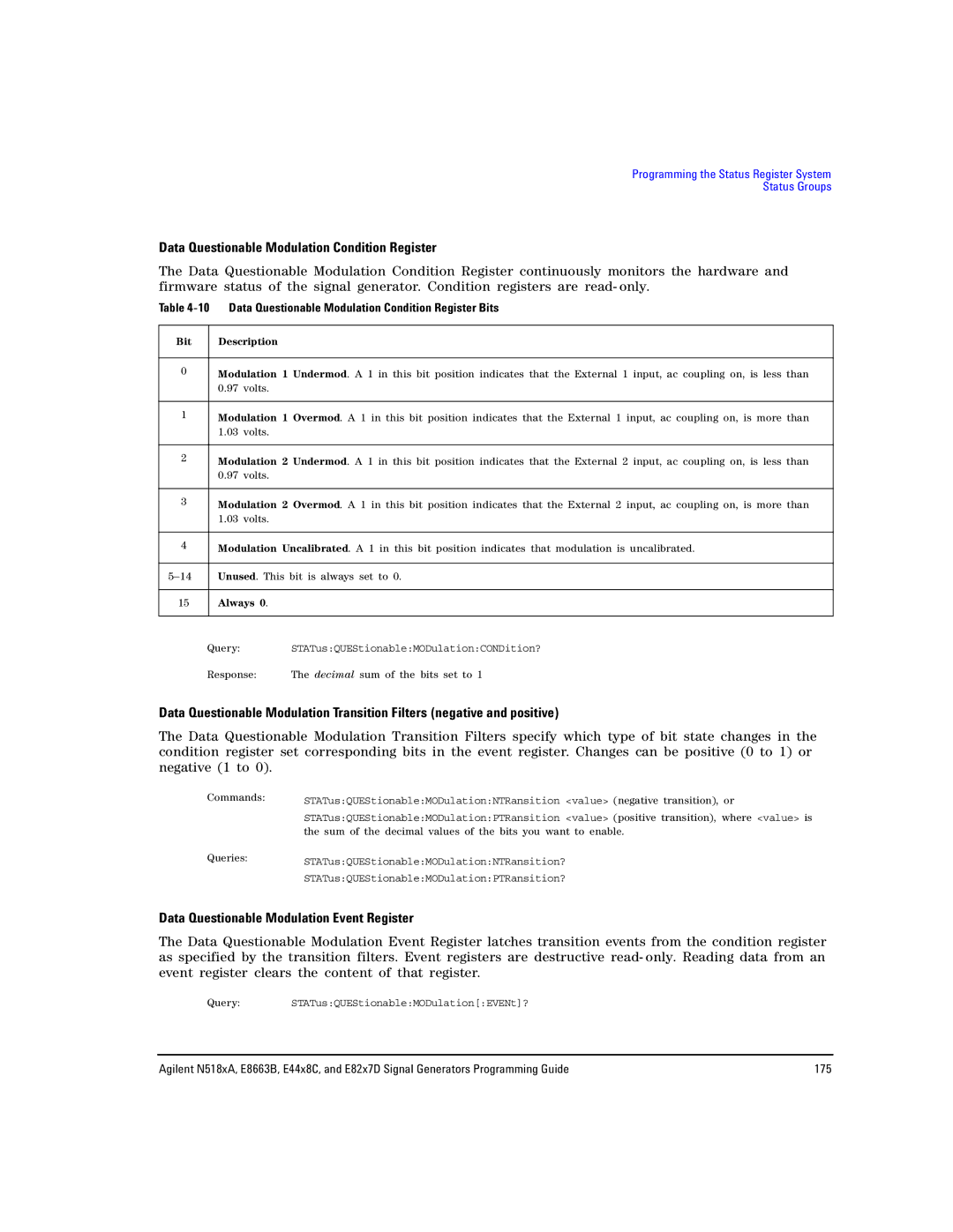 Agilent Technologies N5181A/82A, N5183A MXG, E8663B manual Data Questionable Modulation Condition Register 