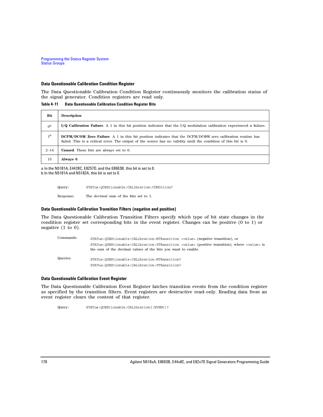 Agilent Technologies N5183A Data Questionable Calibration Condition Register, Data Questionable Calibration Event Register 