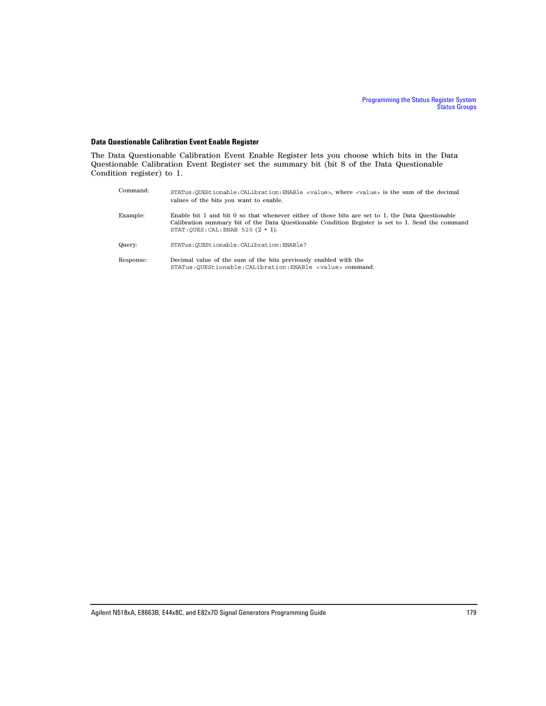 Agilent Technologies N5181A/82A, N5183A MXG, E8663B manual Data Questionable Calibration Event Enable Register 