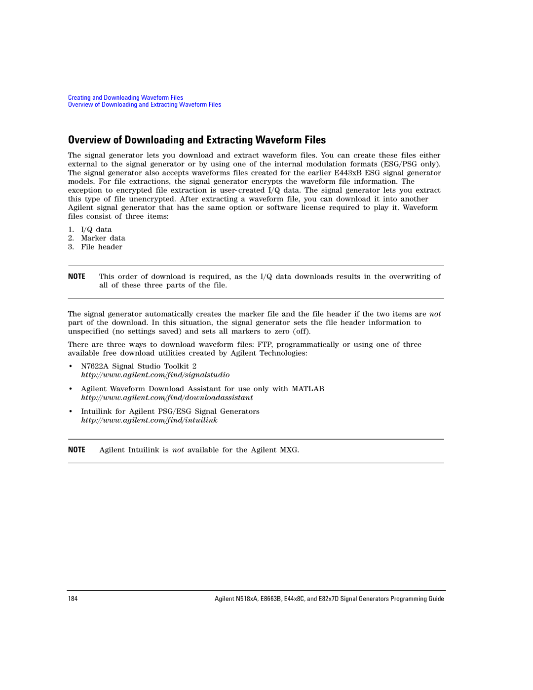 Agilent Technologies N5183A MXG, N5181A/82A, E8663B manual Overview of Downloading and Extracting Waveform Files 