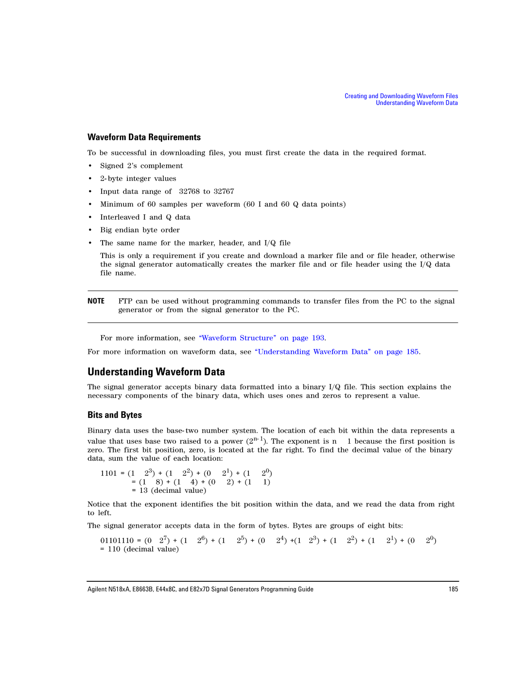 Agilent Technologies E8663B, N5183A, N5181A/82A Understanding Waveform Data, Waveform Data Requirements, Bits and Bytes 