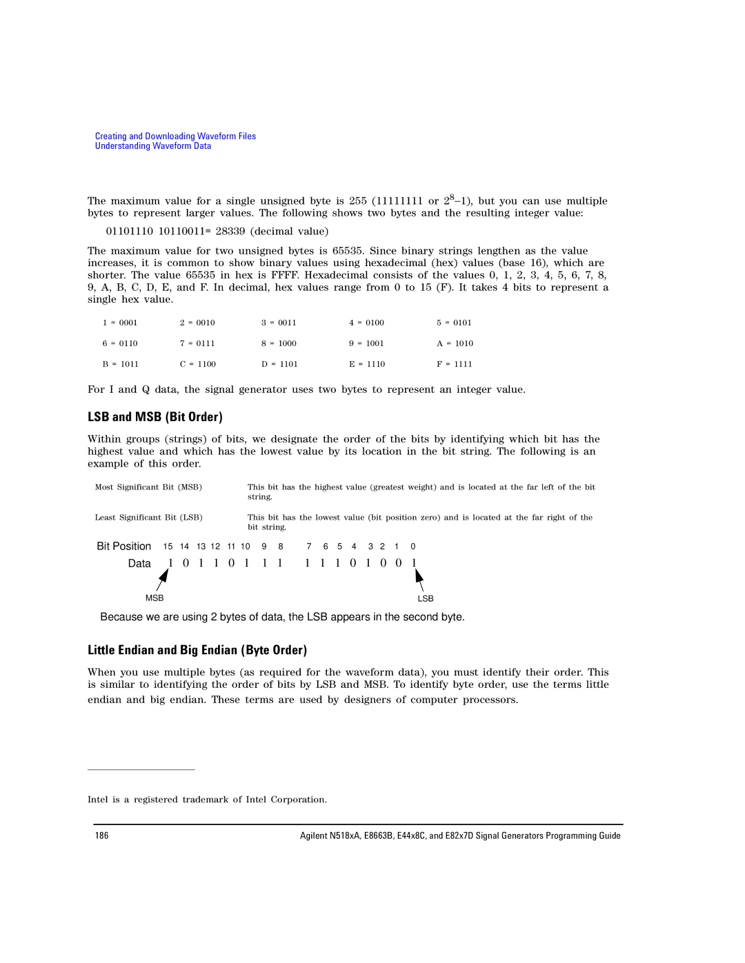 Agilent Technologies N5181A/82A, N5183A MXG, E8663B manual LSB and MSB Bit Order, Little Endian and Big Endian Byte Order 