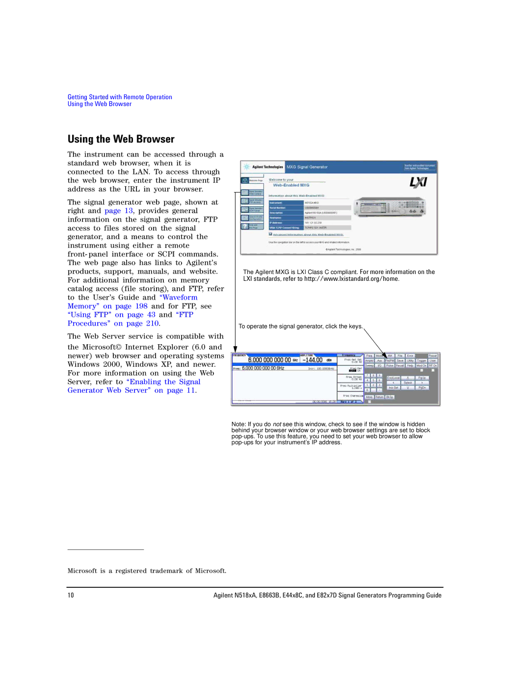 Agilent Technologies N5181A/82A, N5183A MXG, E8663B manual Using the Web Browser 