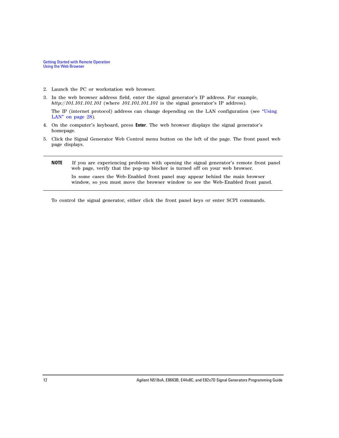 Agilent Technologies N5183A MXG, N5181A/82A, E8663B manual Getting Started with Remote Operation Using the Web Browser 