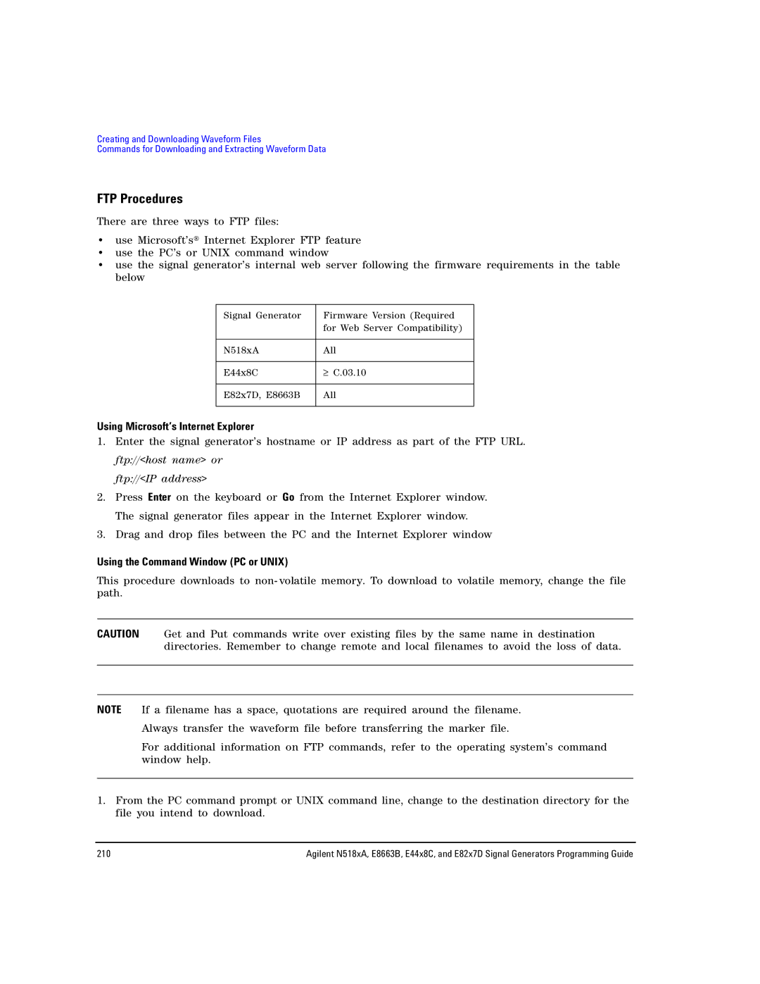 Agilent Technologies N5183A manual FTP Procedures, Using Microsoft’s Internet Explorer, Using the Command Window PC or Unix 