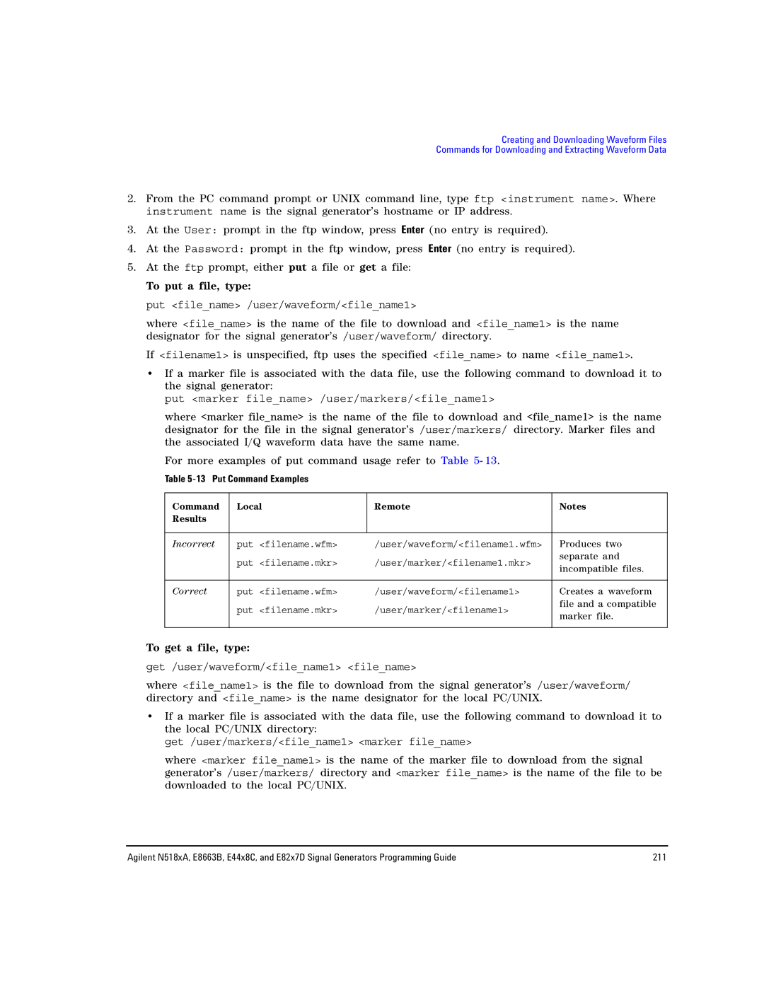 Agilent Technologies N5181A/82A, N5183A MXG, E8663B manual To put a file, type, Put Command Examples 