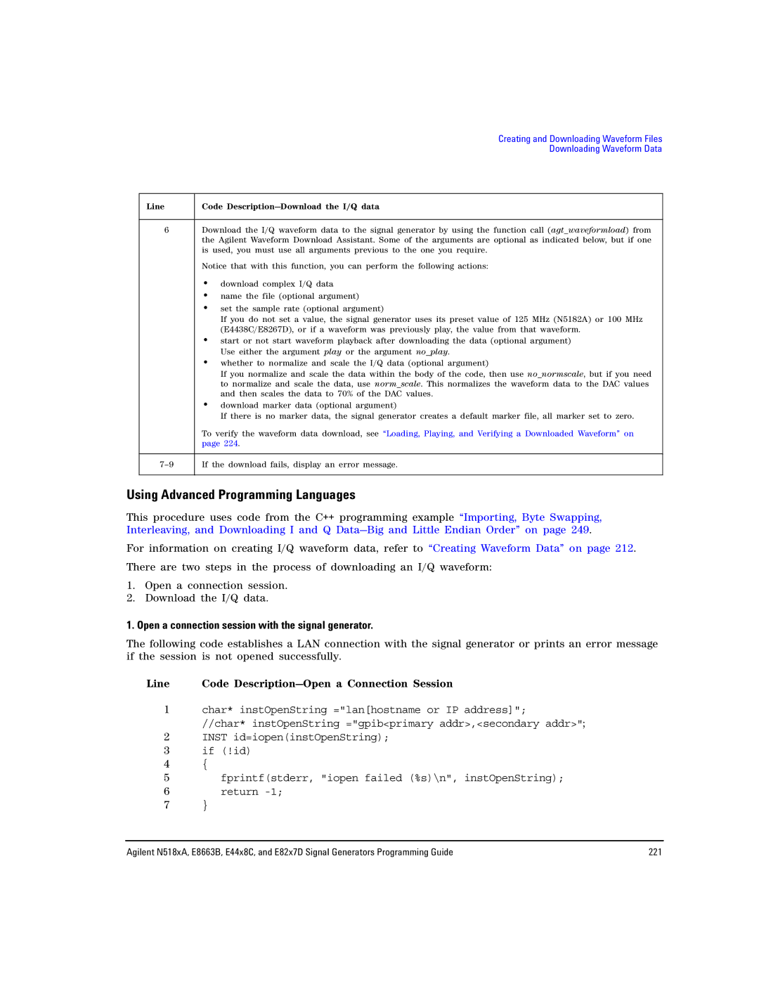 Agilent Technologies E8663B, N5183A manual Using Advanced Programming Languages, Line Code Description-Download the I/Q data 