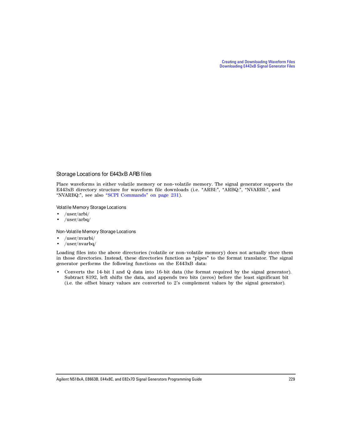 Agilent Technologies E8663B, N5183A, N5181A/82A Storage Locations for E443xB ARB files, Volatile Memory Storage Locations 