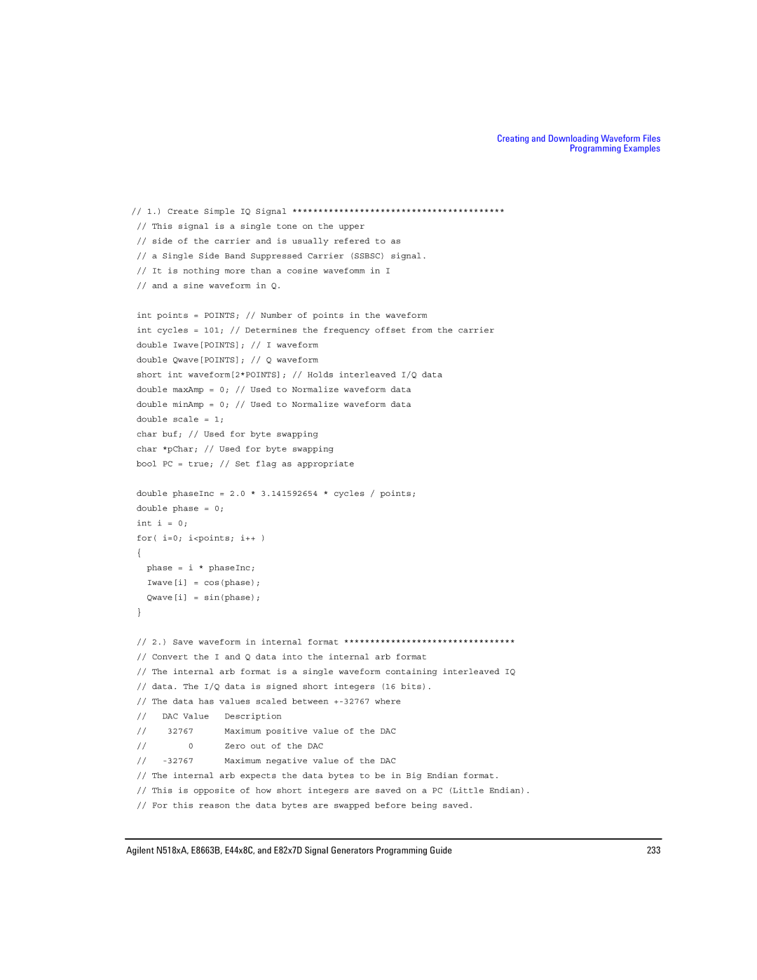 Agilent Technologies E8663B, N5181A/82A, N5183A MXG manual Creating and Downloading Waveform Files Programming Examples 